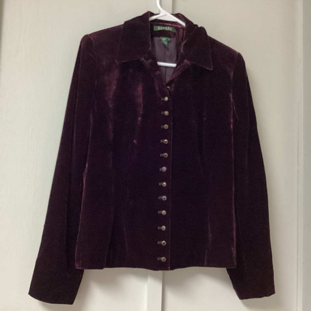 Lauren Ralph Lauren Top Size 10 Plum Purple Full Button Long Sleeves velvet